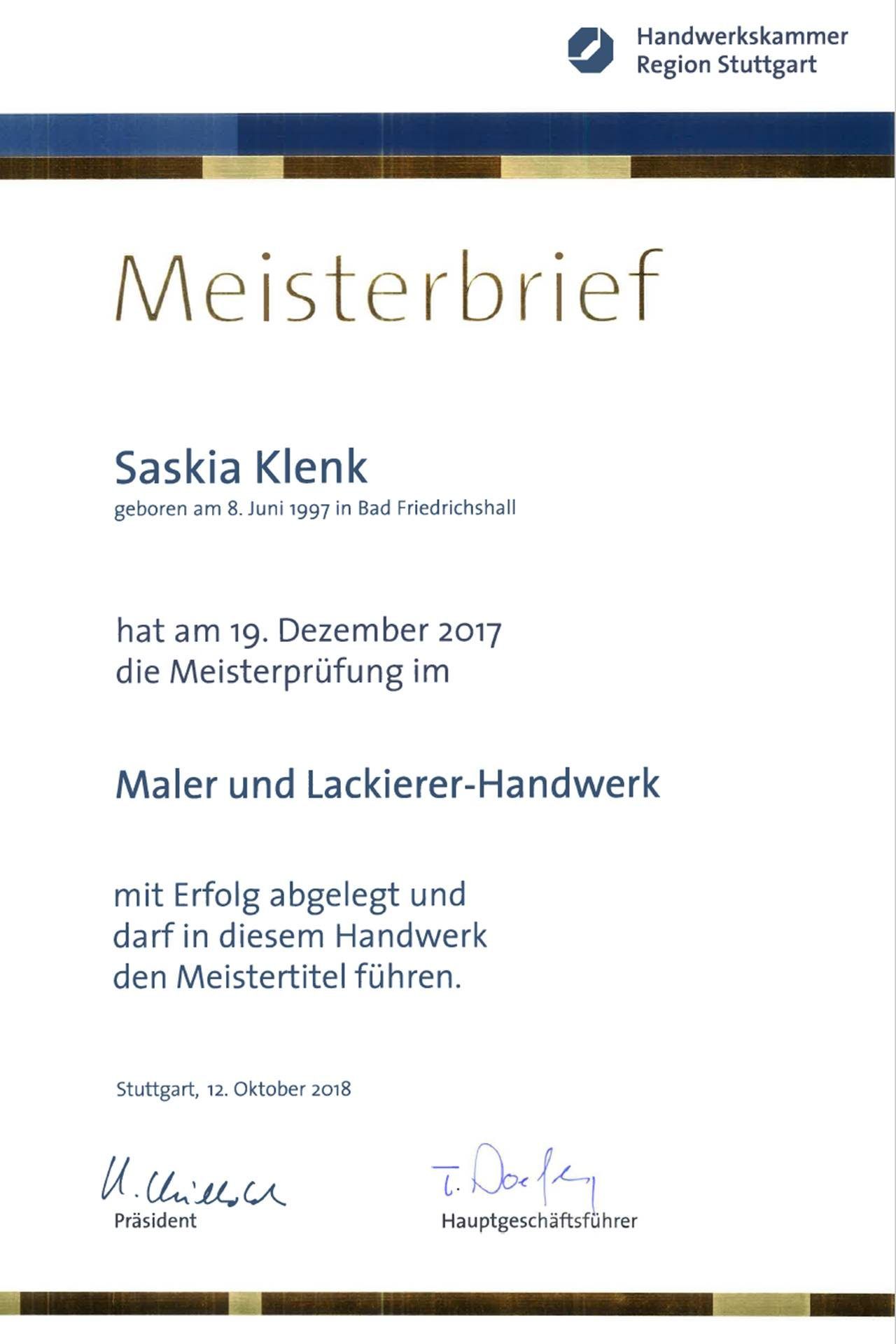 Maler Klenk Meisterbrief Saskia Klenk rotated