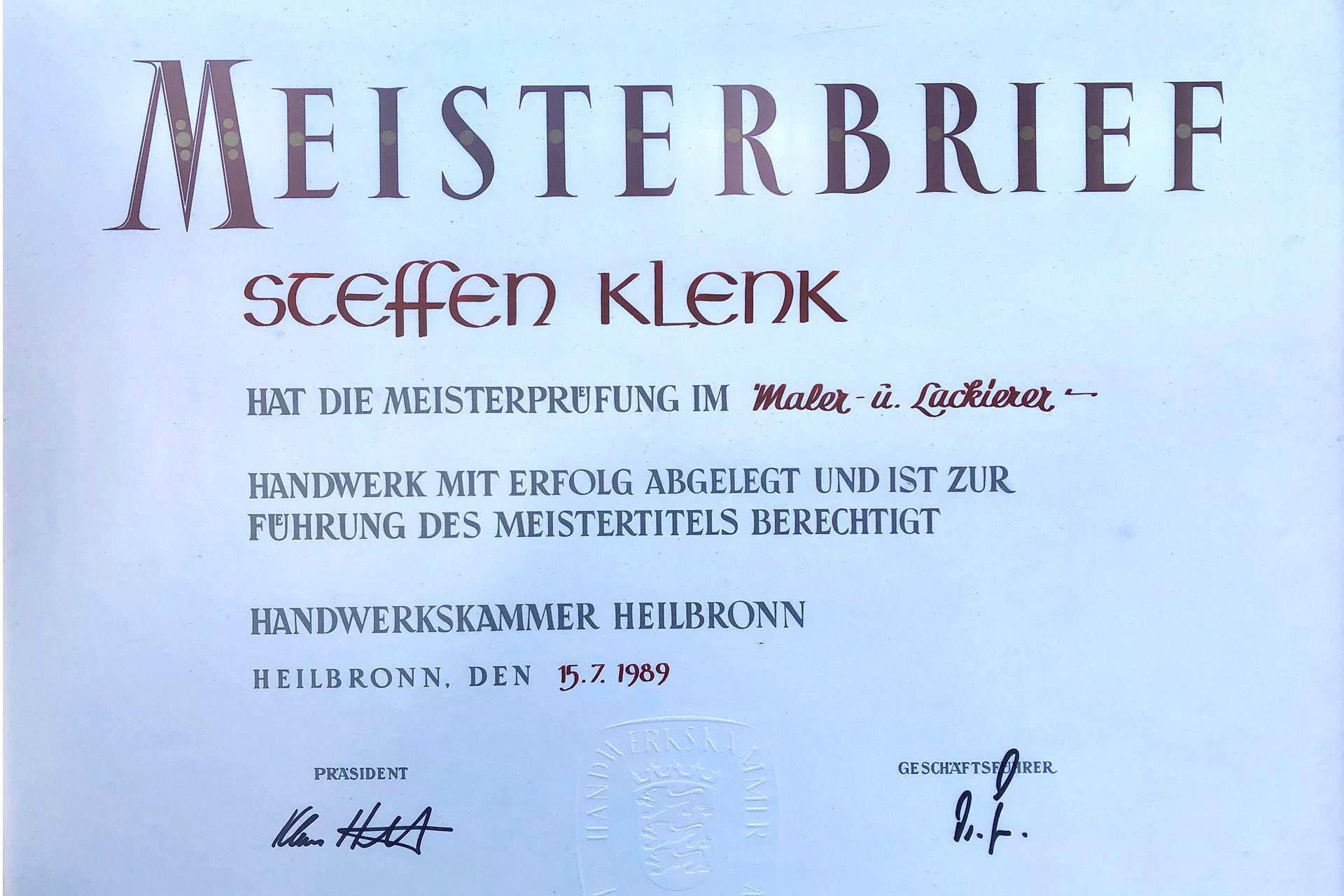Maler Klenk Meisterbrief Steffen Klenk