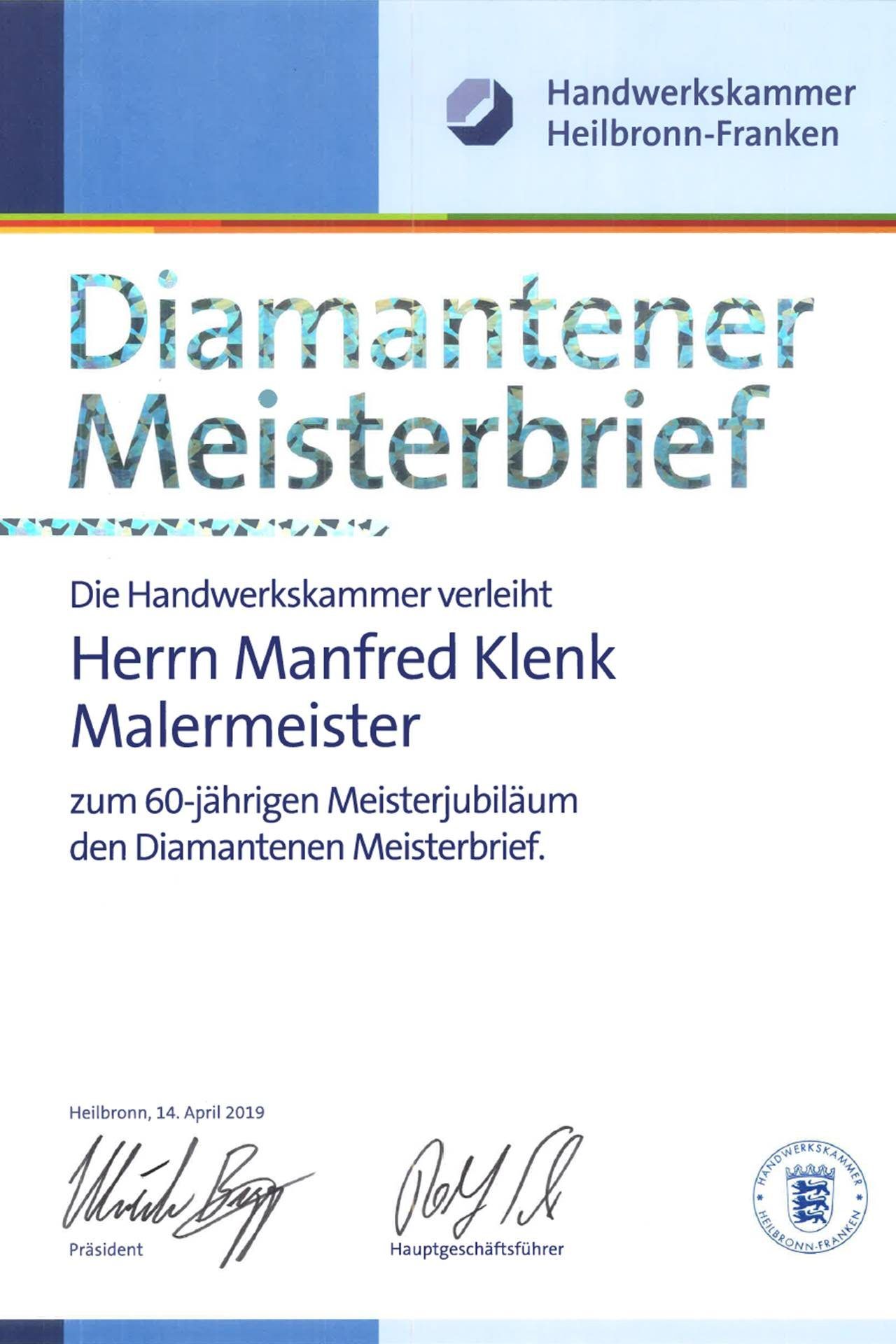 Meisterbrief Manfred Klenk